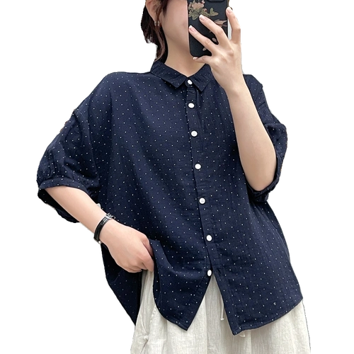 双层棉纱中袖衬衫女夏季出口韩国复古文艺彩色小波点纯棉宽松上衣
