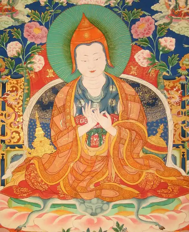 1 / 16 《阿底峡尊者师徒三尊唐卡》:唐卡顶部中央位置为无量寿佛