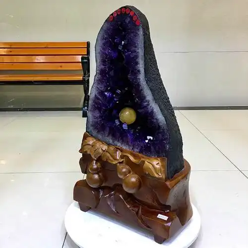 天然紫水晶洞紫色恐龙蛋开口笑聚宝盆钱袋子晶族办公家居风水摆件