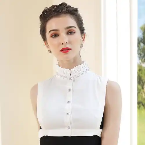 2019秋冬新款假领子女百搭假领衬衫装饰领木耳边白色衬衣订珠假领