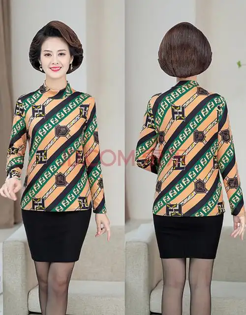 古莱登新款中老年女装奶奶装春秋装长袖t恤60岁老太太大码宽松打底衫