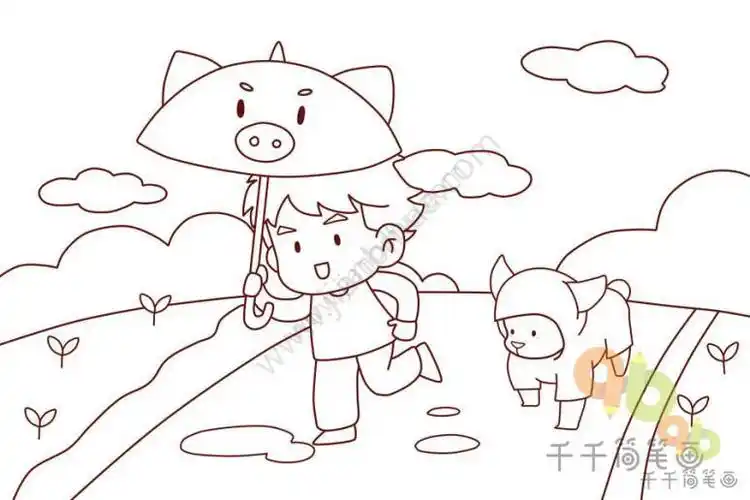 春游主题简笔画小朋友手拉手一起去踏春吧