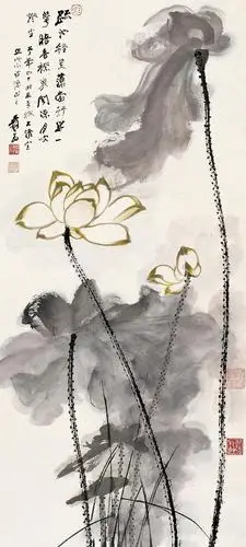 中国国画大师张大千荷花作品欣赏_白荷