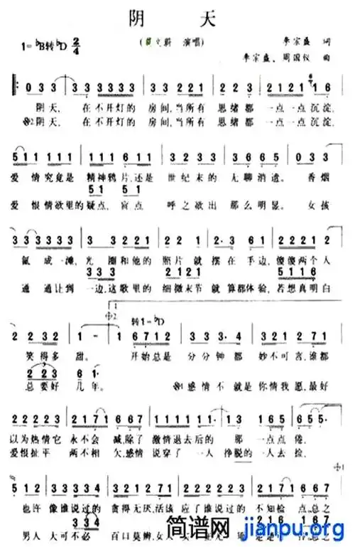 《阴天》(莫文蔚演唱)_歌谱简谱_歌词简介_曲谱资料