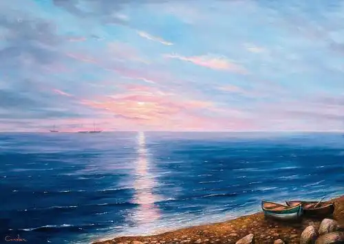 10142013年作海上日出布面油画