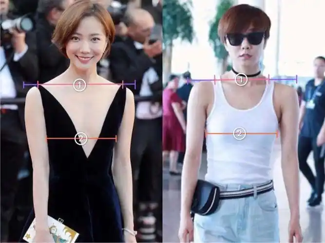 右边的背心肩带距离近,粉线和紫线的长度拉不开距离,显得两个膀子无比