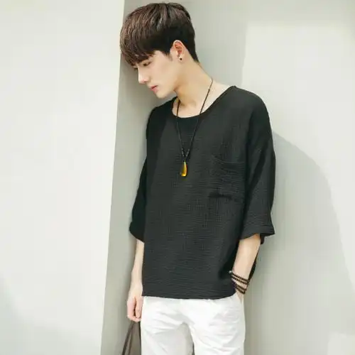 男式短袖t恤圆领蝙蝠袖夏季新款t恤男 棉麻七分袖体恤衫男士