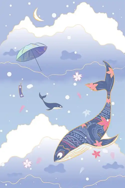 清新唯美治愈鲸鱼卡通风竖版插画