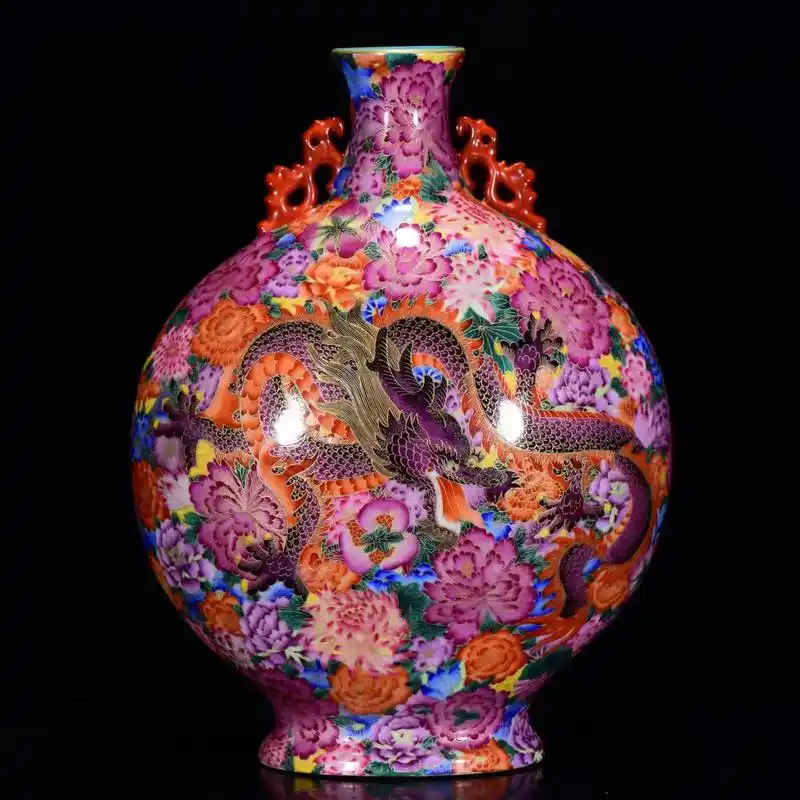 清乾隆描金掐丝珐琅彩龙凤纹扁瓶45x34.#好的作品都是有灵 - 抖音