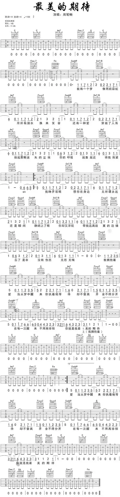 周笔畅《最美的期待》吉他谱_c调中级版_高清六线谱_酷音小伟教学版.