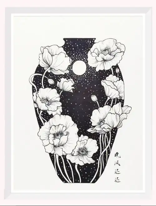 线描装饰画丨瓶中月61虞美人丨附步骤