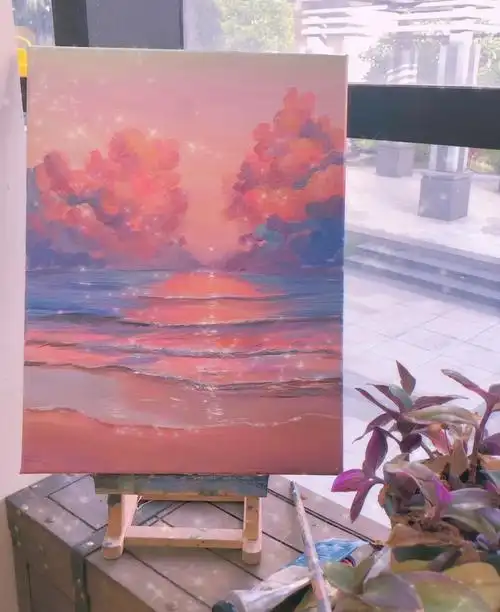 丙烯画天空打翻了梵高的橘粉色颜料附过程