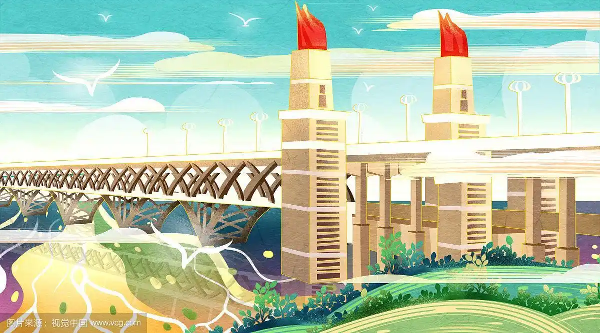 国潮风江苏省南京地标南京长江大桥插画