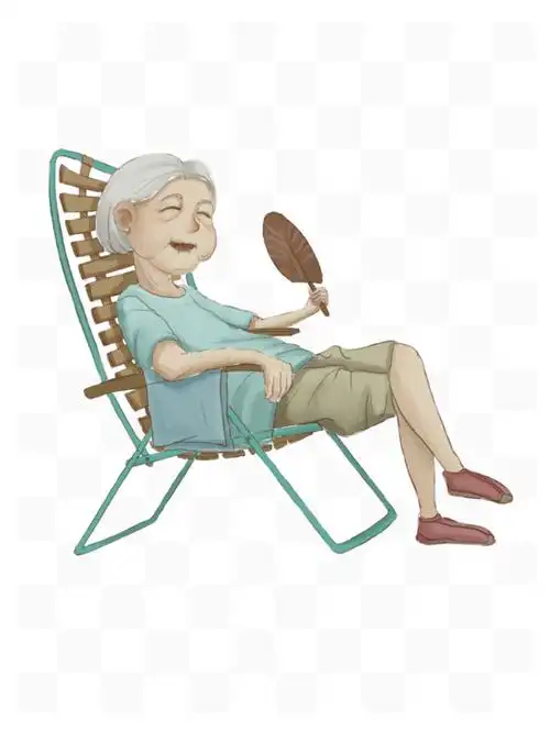 卡通手绘插画藤椅温馨场景老奶奶老人蒲扇藤椅装饰图案标签:主题:7月
