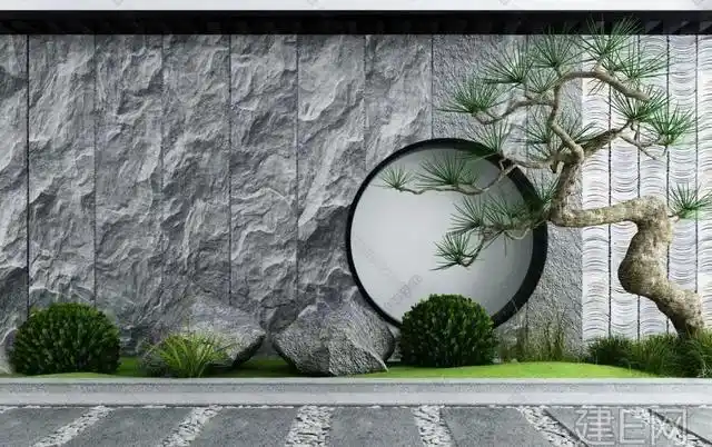 性变化丰富的组合形式景墙,以其自身优美的造型在园林常被用到障景,隔