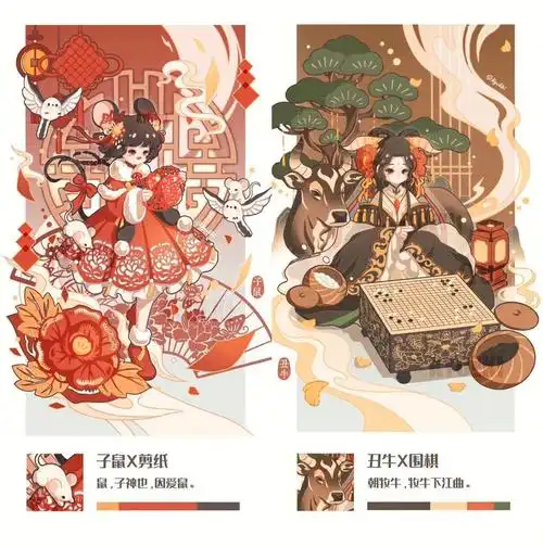 十二生肖插画拟人配色国风清新