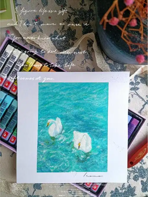 油画棒画一个夏天天鹅附步骤