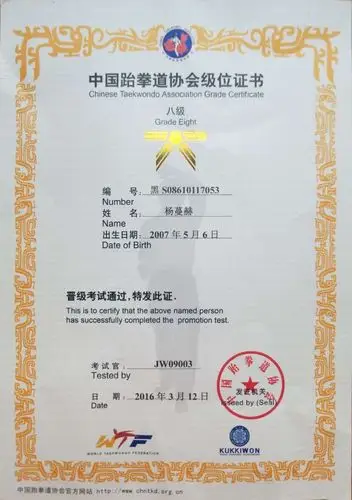 这是我的跆拳道黄带证书.