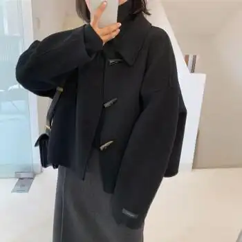 欧洲站韩国黑色牛角扣毛呢外套女秋冬短款加厚小个子呢子大衣黑色s