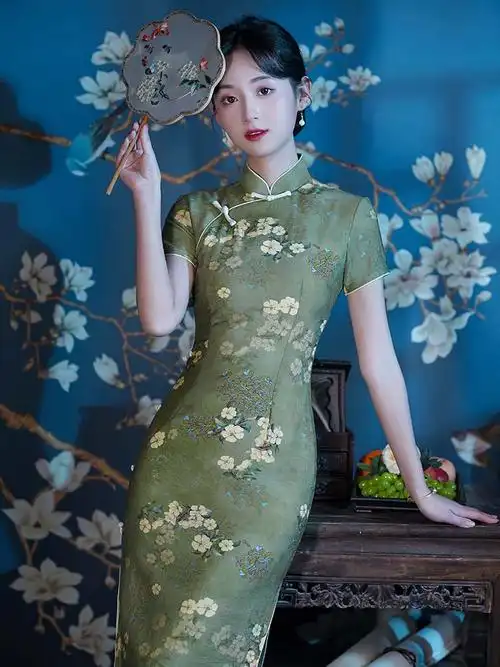 青绿色旗袍2022年新款印花苏式高级感清新淑女温柔古典氛围感民国