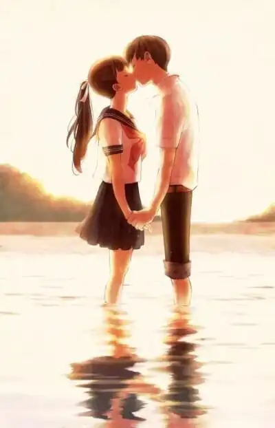 二次元 少男少女 学生 浅滩牵手轻吻 亲吻 初吻初恋 浪漫 回忆 情侣