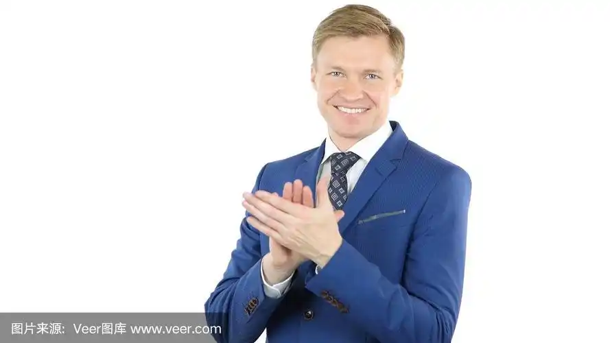 商人拍手的姿势,在白色的背景下独自鼓掌