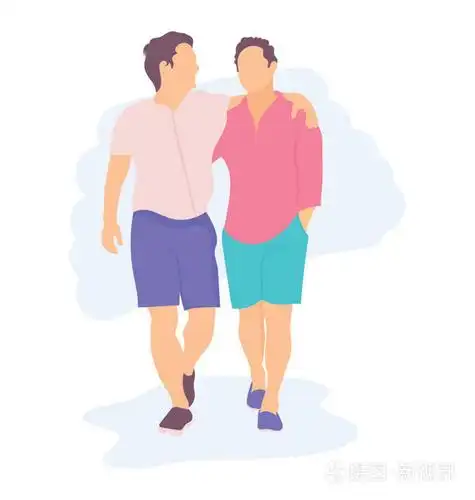 两个男性朋友在彼此的怀抱中散步和享受