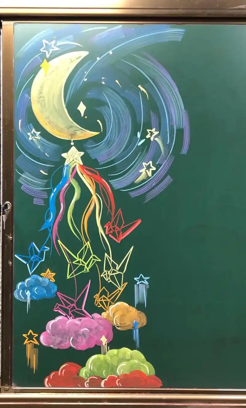 粉笔画一黑板报边框 星空 与千纸鹤.#粉笔画 #画画 #黑板 - 抖音