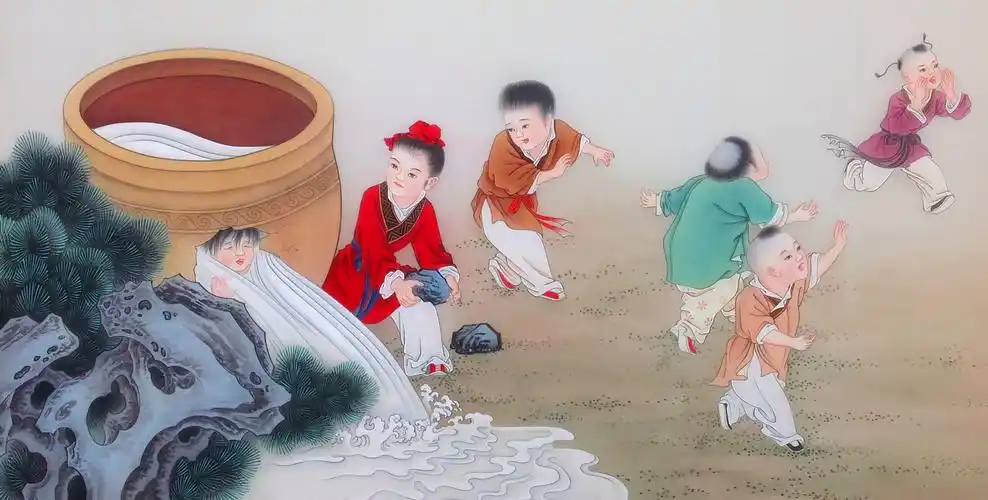 司马光砸缸工笔画欣赏