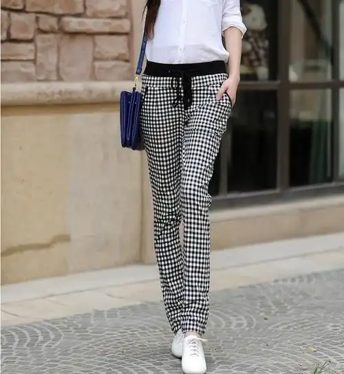 春秋新款千鸟格女裤子休闲裤黑白格子裤女长裤弹力休闲小脚裤
