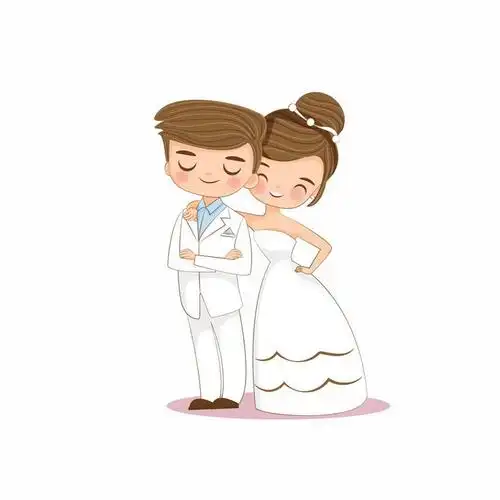 结婚拍婚纱照的卡通小夫妻png图片免抠矢量素材