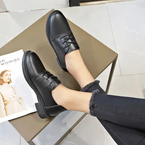 小皮鞋女2019新款秋冬加绒粗跟系带学院英伦百搭时尚中跟韩版单鞋