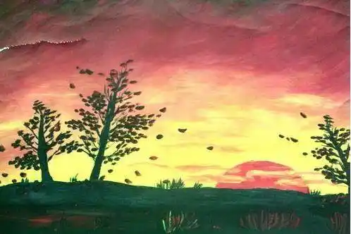 水粉画夕阳水粉画夕阳西下的倒影