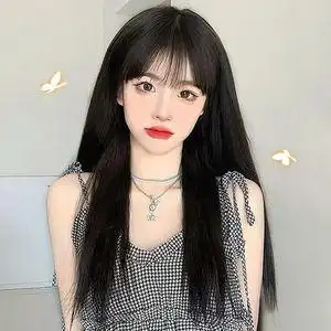 lolita假发女长发网红圆脸自然逼真空气刘海黑长直发学生全头套式