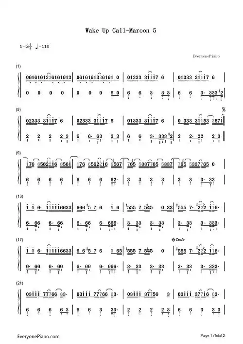wake up call-maroon 5 numbered musical notation preview 1