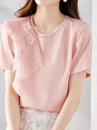 品莠30岁女士上衣女装时尚新款夏天衣服短袖气质百搭圆领洋气小衫粉红