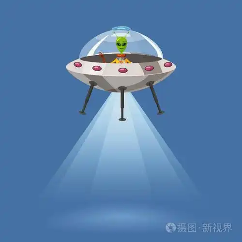 ufo 飞行的宇宙飞船与外星人, 隔离在蓝色背景, 光线光, 卡通风格
