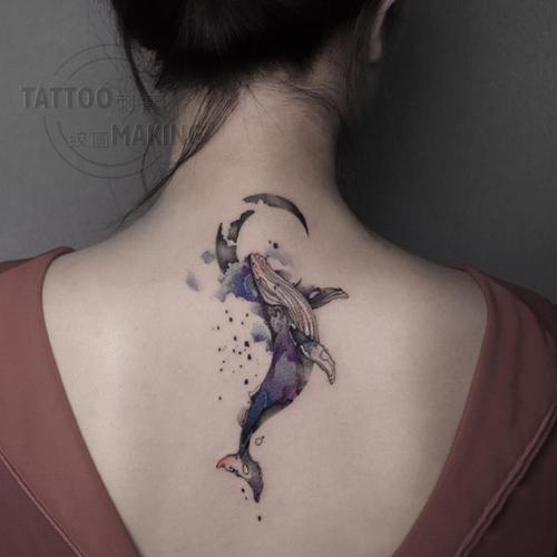 【新款】纹身贴纸鲸鱼月亮水彩风唯美彩色防水持久女男后背大图案