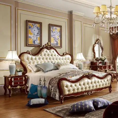 欧式风格的豪华实木双人床美观大方,经久耐用白色皮床