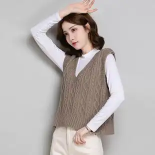 鄂尔多斯市羊绒针织马甲女秋季薄款羊毛无袖v领毛衣外穿背心外搭