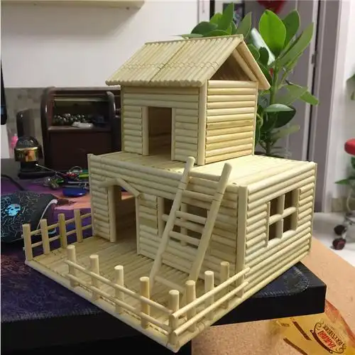 手工手工制制作房子成品一次性筷子工艺品创意摆件竹编