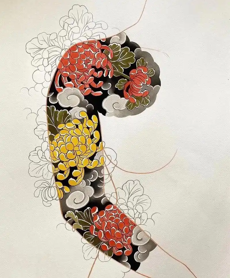 菊花花臂.#永川纹身 #手稿分享 #纹身图案手稿 #传统刺青 - 抖音