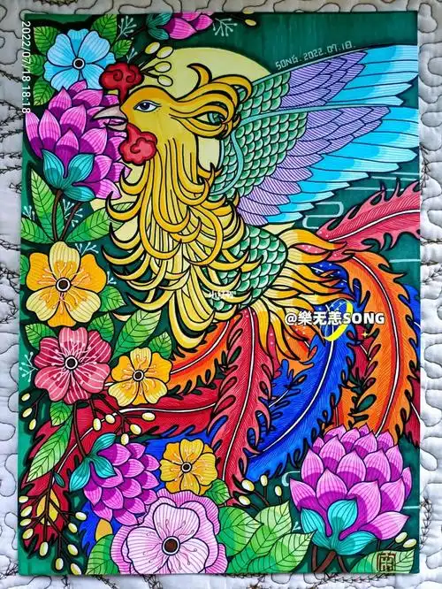 马克笔画76花凤凰