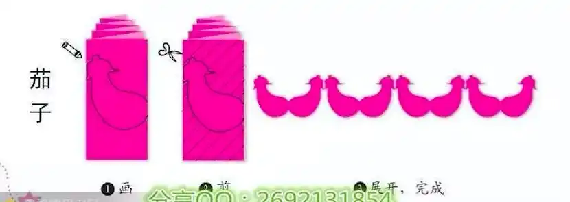 二方连续折剪纸-蔬菜儿童手工茄子剪纸教程怎么剪连体对称茄子的剪法