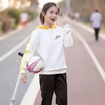 中学生套装女2017秋季连帽拼色少女装初中生套头运动两件套 黄色 xl