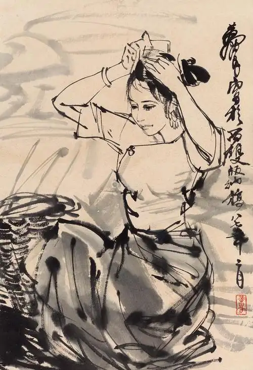 黄胄1987年作 傣族姑娘 镜心 水墨纸本