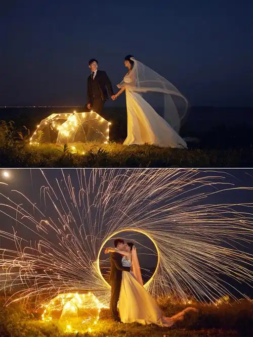 手捧星光给爱情带上光环的夜景烟花婚纱照