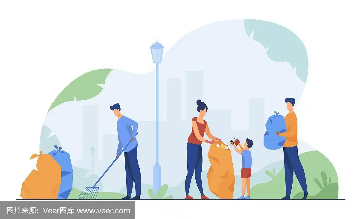 社区义工清理垃圾平面矢量插画