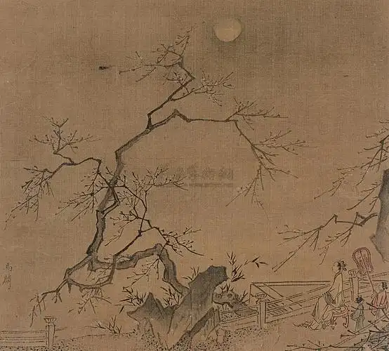 1704月下赏梅镜心设色绢本