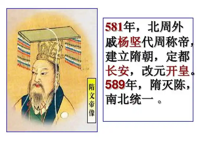 581年,北周外 戚杨坚代周称帝, 建立隋朝,定都 长安,改元开皇.